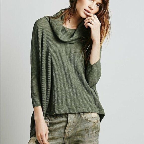 Free People World Traveler Ribbed Cowl Neck Sweater in Olive, size L - Picture 1 of 7